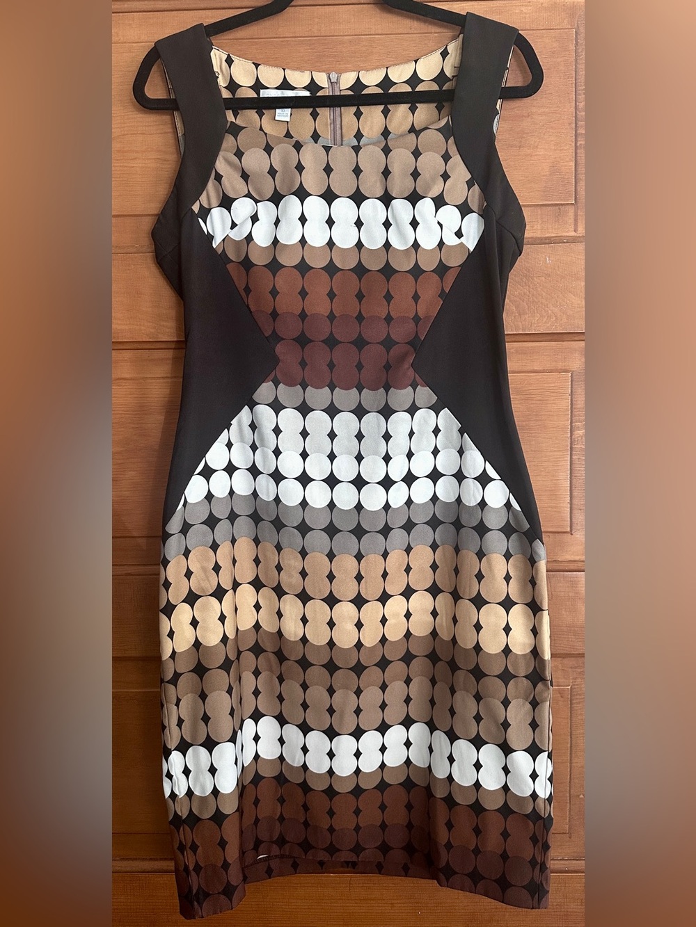 London Times Brown, Black and White Geometric Midi Sheath Dress!  Sz 10, EUC!